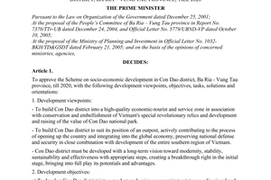 Decision No.264/2005/QD-TTg, approving the scheme on socio-economic development in Con Dao district, Ba Ria Vung Tau province, till 2020, promulgated by the Prime Minister of Government