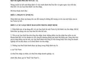 Hiệp định tránh đánh thuế hai lần ngăn ngừa trốn lậu thuế các thuế  Việt Nam Xri Lan - ca