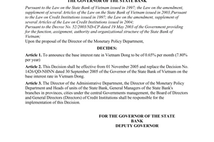 Decision No.1556/QD-NHNN of October 28, 2005, on the base interest rate in Vietnam Dong