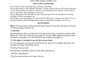 Quỵết định 274/2005/QĐ-TTg nhiệm vụ điều chỉnh Quy hoạch chung xây dựng khu công nghệ cao Hòa Lạc