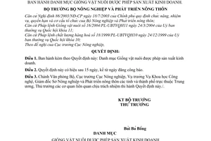 Quyết định 67/2005/QĐ-BNN Danh mục giống vật nuôi được phép sản xuất kinh doanh