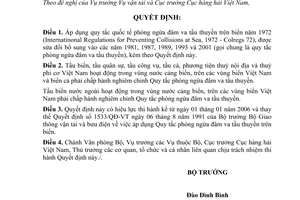 Quyết định 49/2005/QĐ-BGTVT áp dụng Quy tắc quốc tế phòng ngừa đâm va tầu thuyền trên biển