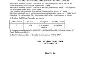 Circular No. 17/2005/TT-BTM of October 06, 2005 amending and supplementing Circular No. 04/2005/TT-BTM dated March 24, 2005 of The Ministry of trade adjusting the 2005 list of import goods subject to tariff quotas