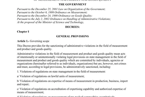 Decree of Government No. 126/2005/ND-CP, providing for sanctioning of administrative violations in the field of measurement and product and goods quality.
