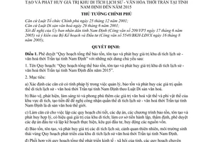 Quyết định 252/2005/QĐ-TTg quy hoạch bảo tồn tôn tạo phát huy giá trị khu di tích lịch sử văn hóa thời Trần tỉnh Nam Định đến năm 2015