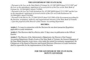 Decision No. 1498/2005/QD-NHNN of October 13, 2005, on the issuance of the one-door transaction regulation applicable to credit institutions