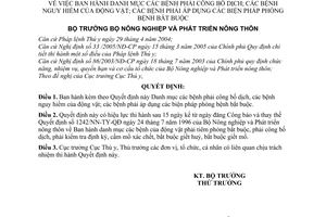 Quyết định 64/2005/QĐ-BNN danh mục bệnh phải công bố dịch; nguy hiểm động vật;  phải áp dụng biện pháp phòng bệnh bắt buộc