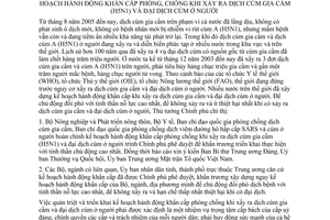 Chỉ thị 34/2005/CT-TTg triển khai thực hiện đồng bộ hiệu quả kế hoạch hành động khẩn cấp phòng chống xảy ra dịch cúm gia cầm H5N1 đại dịch cúm ở người
