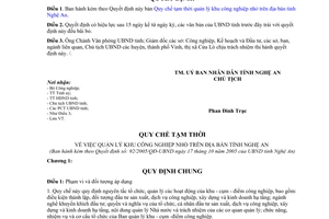 Quyết định 92/2005/QĐ-UBND Quy chế tạm thời quản lý khu công nghiệp nhỏ địa bàn tỉnh Nghệ An