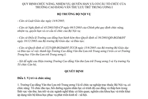 Quyết định 108/2005/QĐ-BNV cơ cấu tổ chức của trường CĐ Văn thư lưu trữ TW