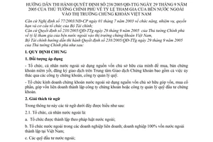 Thông tư 90/2005/TT-BTC tỷ lệ tham gia bên nước ngoài thị trường chứng khoán Việt Nam hướng dẫn thi hành Quyết định 238/2005/QĐ-TTg