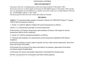 Decree No. 131/2005/ND-CP of October 18, 2005, on amendment of and addition to a number of articles of Decree 63/1998/ND-CP dated 17 August 1998 of The Government on foreign exchange control.