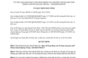Quyết định 123/2005/QĐ-UBND Quy chế Trường trung học phổ thông chuyên Quang Trung Bình Phước