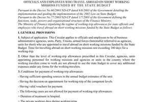 Circular No. 91/2005/TT-BTC stipulating the regime of working-trip allowances