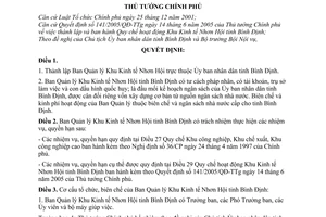 Quyết định 256/2005/QĐ-TTg thành lập Ban Quản lý Khu Kinh tế Nhơn Hội tỉnh Bình Định