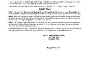 Quyết định 3578/2005/QĐ-UBND bảng xếp loại đường để xác định cước vận tải