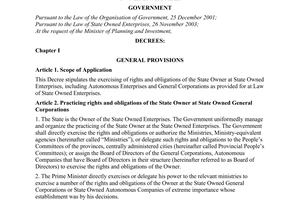 Decree No. 132/2005/ND-CP of October, 20 2005, on exercising rights and obligations of the state owner at state owned enterprises