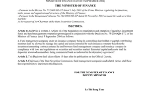 Decision No. 71/2005/QD-BTC of October 21, 2005, on amendment of and addition to a number of articles of the regulation on organization and operation of securities investment funds and fund management companies.