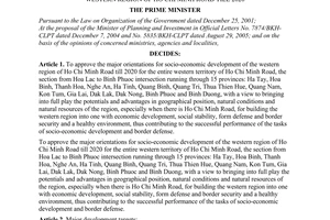 Decision No.260/2005/QD-TTg, on major orientations for socio-economic development of the western region of Ho Chi Minh road till 2020, promulagted by the Prime Minister of Government