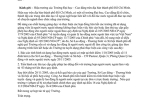 Công văn 4659/LĐTBXH-NN “Báo cáo và làm thủ tục cấp giấy phép lao động đối với lao động là người nước ngoài”.