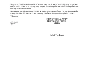 Công văn 729/TMXL bàn giao văn hoá phẩm độc hại cho Sở VHTT tổ chức tiêu hủy