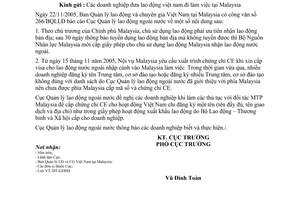 Công văn 1347/QLLĐNN-ĐT-GDĐH quy định của Chính phủ Malaysia cấp phép và chứng chỉ CE cho lao động nước