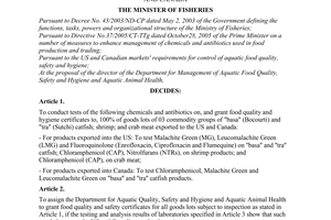 Decision No. 29/2005/QD-BTS of November 01, 2005 on enhancing the inspection of aquatic products exported to the us and Canada