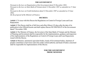 Decree No. 134/2005/ND-CP of November 1, 2005, issuing regulations on control of foreign loans and loan repayments.