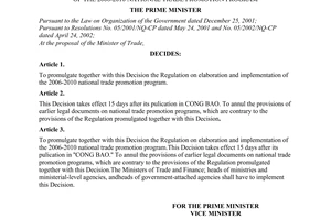 Decision No.279/2005/QD-TTg of the Prime Minister of Government, promulgating the regulation on elaboration and implementation of the 2006-2010 national trade promotion program