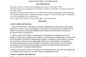 Decree of Government No. 136/2005/ND-CP of  November 08,2005, on defining functions, mandates, authorities and organisational structures of offices of the people’s committees of centrally-affiliated cities and provinces
