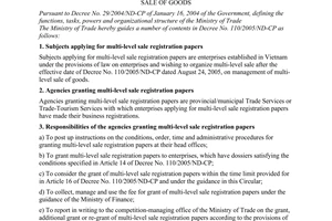 Circular No. 19/2005/TT-BTM of November 08, 2005 guiding a number of contents in The Governments Decree No. 110/2005/ND-CP dated August 24, 2005, on management of multi-level sale of goods