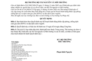 Quyết định 12/2005/QĐ-BTNMT  Kế hoạch hành động khẩn cấp phòng, chống dịch cúm gia cầm đại dịch cúm ở người