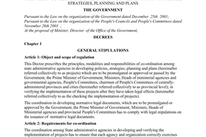 Decree of Government No. 144/2005/ND-CP of November 16th, 2005, stipulations on the coordination among state administrative agencies in developing and verifying the implementation of policies, strategies, planning and plans