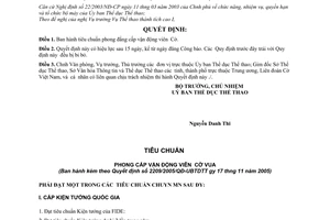 Quyết định 2209/2005/QĐ-UBTDTT tiêu chuẩn phong đẳng cấp vận động viên môn Cờ