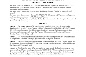 Decision no. 81/2005/QD-BTC of November 18, 2005 on the implementation of the commitments in the Viet Nam - US agreement on textile and garment trading