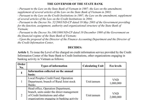 Decision No. 1669/2005/QD-NHNN of November 18, 20, on the issuance of level of fee charged on credit information service