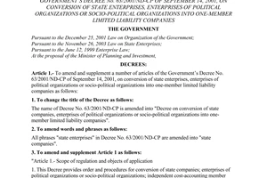 Decree no. 145/2005/ND-CP of November 21, 2005 amending and supplementing a number of articles of the government’s decree no. 63/2001/ND-CP of september 14, 2001, on conversion of state enterprises, enterprises of political organizations or socio-political organizations into one-member limited liability companies