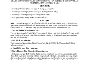 Nghị định 145/2005/NĐ-CP chuyển đổi doanh nghiệp nhà nước tổ chức chính trị xã hội thành công ty TNHH 1 thành viên sửa đổi NĐ 63/2001/NĐ-CP