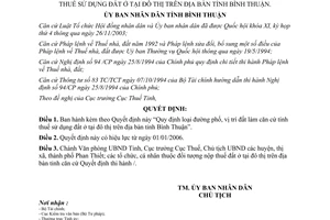 Quyết định 78/2005/QĐ-UBND loại đường phố vị trí đất tính thuế sử dụng đất ở tại đô thị Bình Thuận