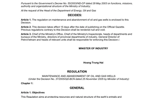 Decision No. 37/2005/QD-BCN regulation on maintenance abandonment oil gas wells