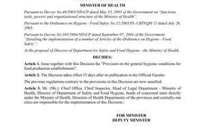 Decision No. 39/2005/QD-BYT on promulgating provision on general hygienic