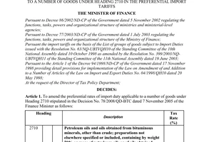 Decision No. 86/2005/QD-BTC, on amendment of the preferential rates of import duty applicable to a number of goods under heading 2710 in the Preferential Import Tariffs, promulgated by the Ministry of Finance.