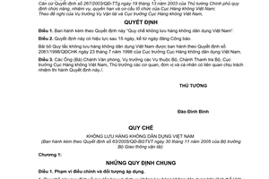 Quyết định 63/2005/QĐ-BGTVT Quy chế không lưu hàng không dân dụng Việt Nam