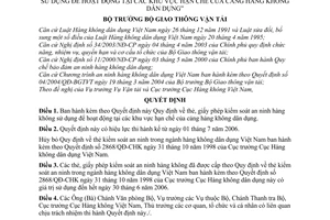 Quyết định 62/2005/QĐ-BGTVT thẻ giấy phép kiểm soát an ninh hàng không sử dụng hoạt động tại khu vực hạn chế cảng hàng không dân dụng