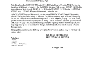 Công văn 5445/TCHQ-KTSTQ truy thu thuế 151 bộ linh kiện CKD xe máy HONDA ES 150 nhập khẩu tại Quảng Ngãi