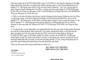 Công văn 5459/TCHQ-GSQL chuyển nhượng ôtô nhập khẩu miễn thuế, riêng trường hợp chuyển nhượng chiếc ôtô Nissan Bluebird Xí nghiệp V75 - Bộ Ngoại giao