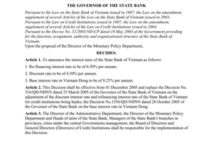 Decision No. 1746/QD-NHNN, on the adjustment of the discount interest rate, refinancing interest and the base interest rate, addopted by The Governor of the State bank