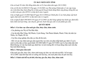 Quyết định 261/2005/QĐ-UBND cấm nuôi gia cầm chim cảnh trong các khu vực Bình Dương