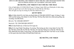 Quyết định 2265/QĐ-UBTDTT tiêu chuẩn phong đẳng cấp vận động viên Đấu Kiếm đính chính Quyết định 2206/2005/QĐ-UBTDTT