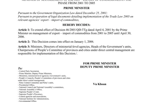 Decision No. 323/2005/QD-TTg, promulgated by the Prime Minister of Government, extension of Decision 46/2001/QD-TTG dated April 4, 2001 by the Prime Minister of management of export – import of commodities in the phase from 2001 to 2005.